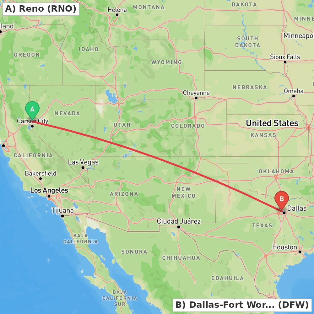 Flight route map from Reno to Dallas-Fort Worth