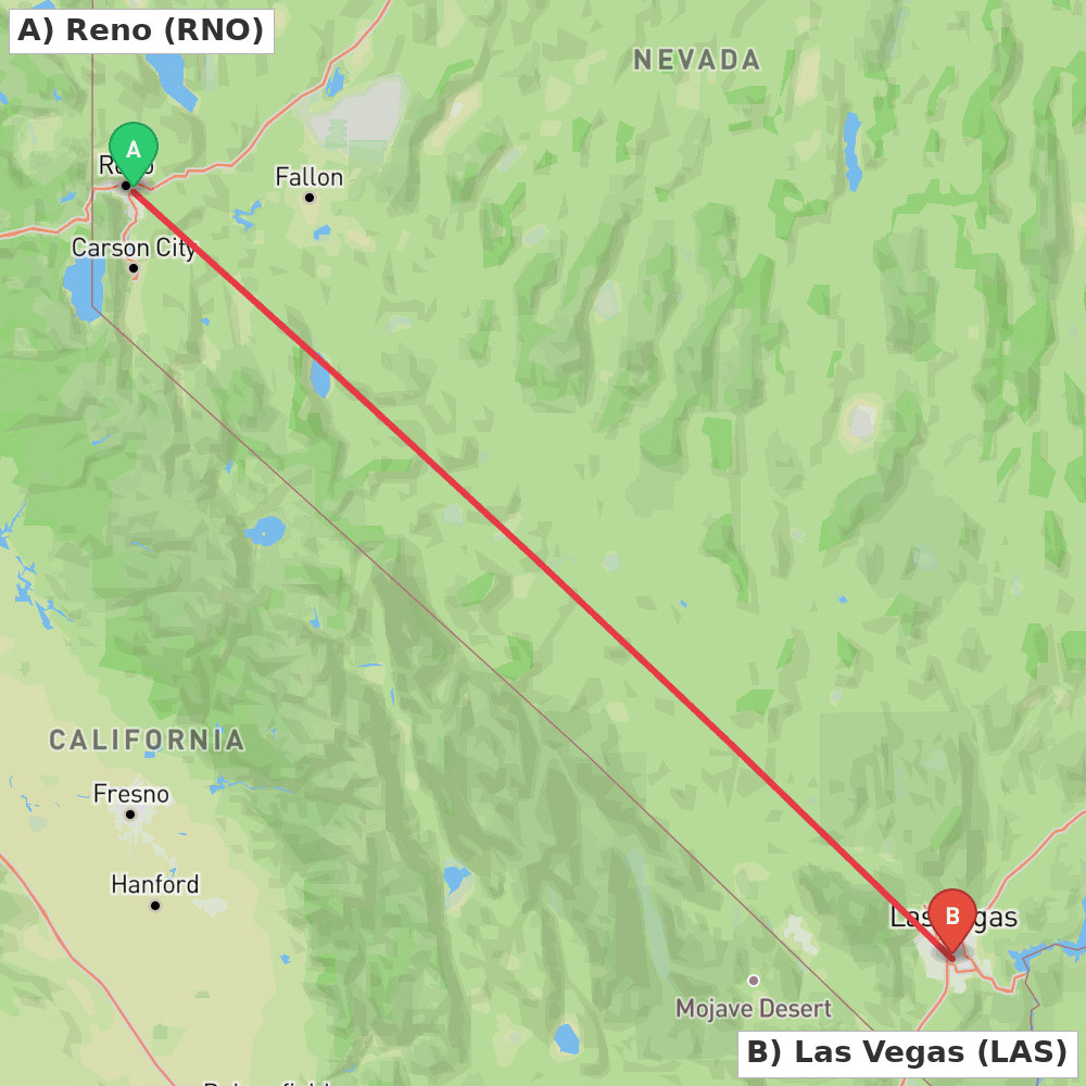 Flight route map from Reno to Las Vegas