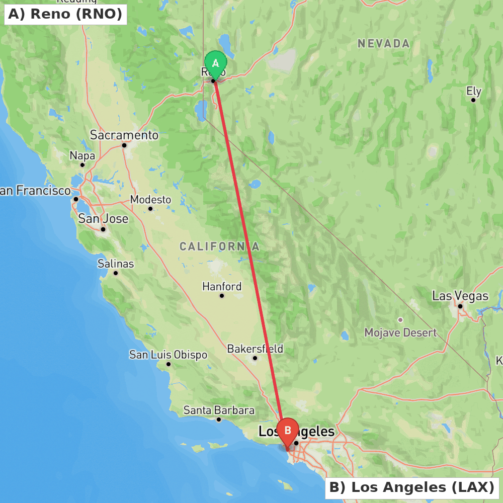 Flight route map from Reno to Los Angeles