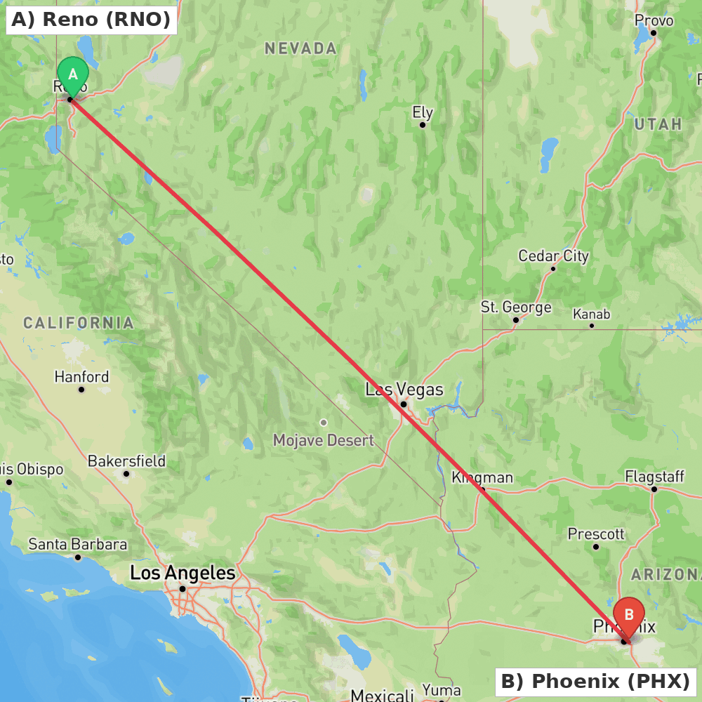 Flight route map from Reno to Phoenix