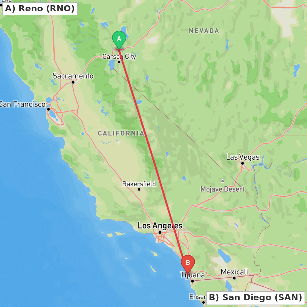 Flight route map from Reno to San Diego