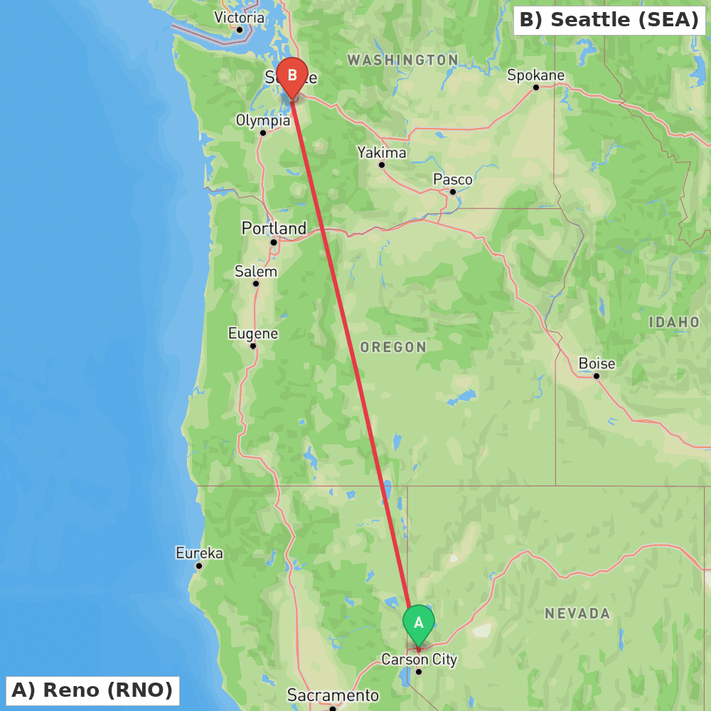 Flight route map from Reno to Seattle
