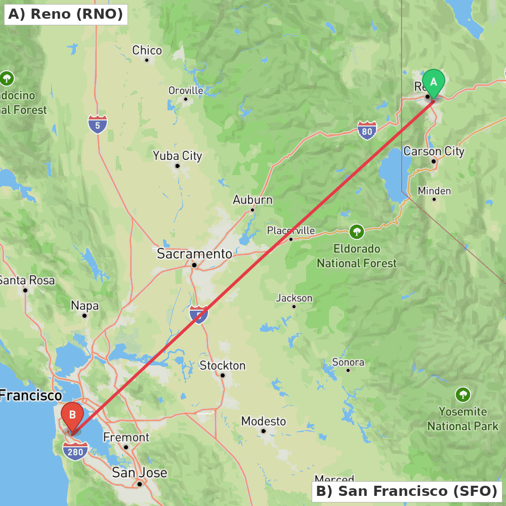 Flight route map from Reno to San Francisco