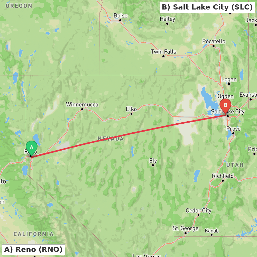 Flight route map from Reno to Salt Lake City