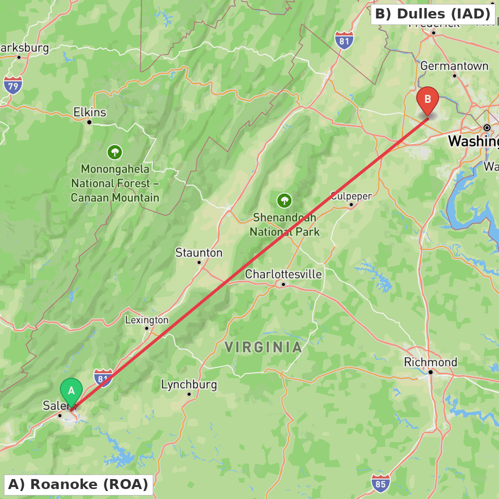 Flight route map from Roanoke to Dulles