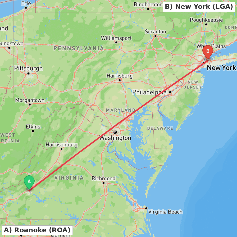 Flight route map from Roanoke to New York
