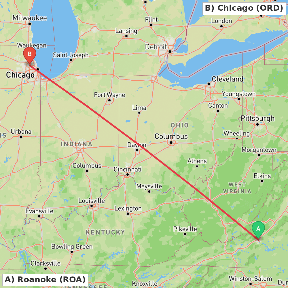 Flight route map from Roanoke to Chicago