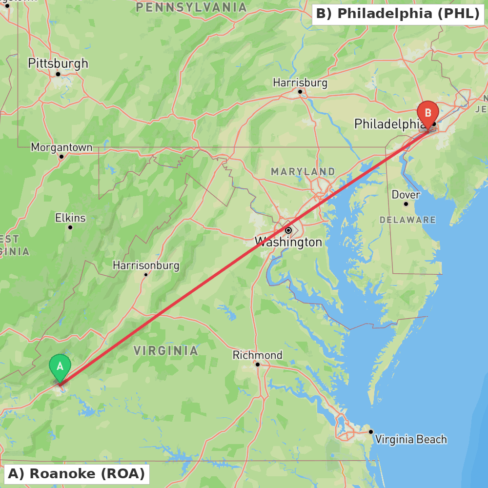 Flight route map from Roanoke to Philadelphia