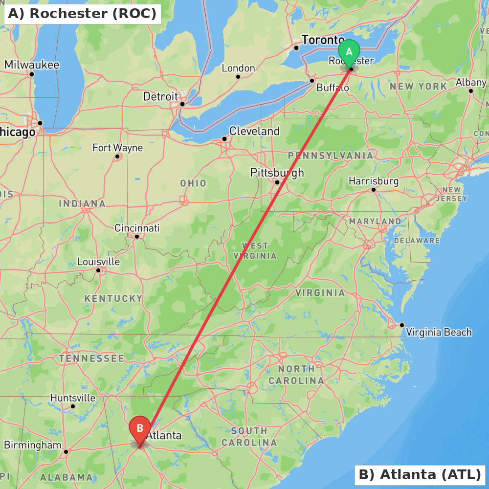 Flight route map from Rochester to Atlanta