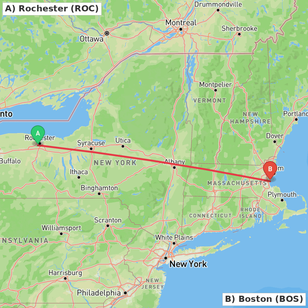 Flight route map from Rochester to Boston