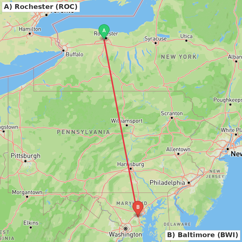 Flight route map from Rochester to Baltimore