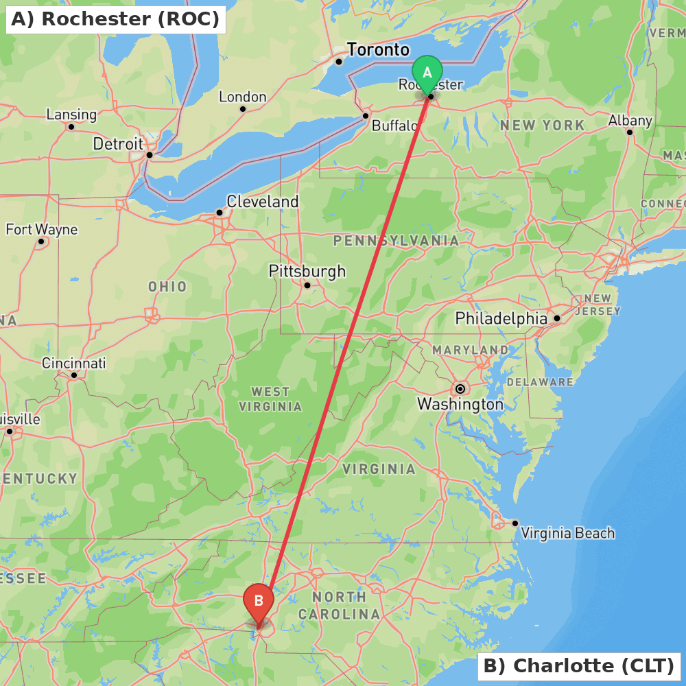 Flight route map from Rochester to Charlotte