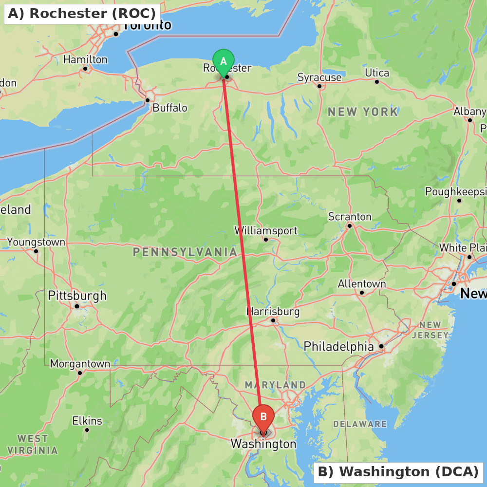 Flight route map from Rochester to Washington