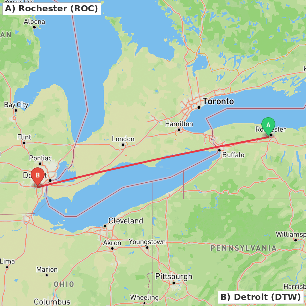 Flight route map from Rochester to Detroit
