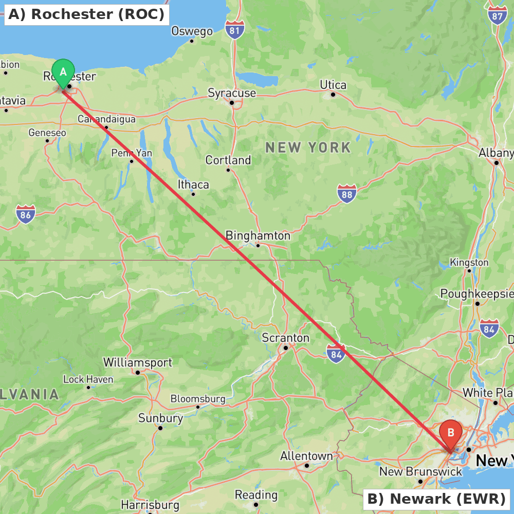 Flight route map from Rochester to Newark
