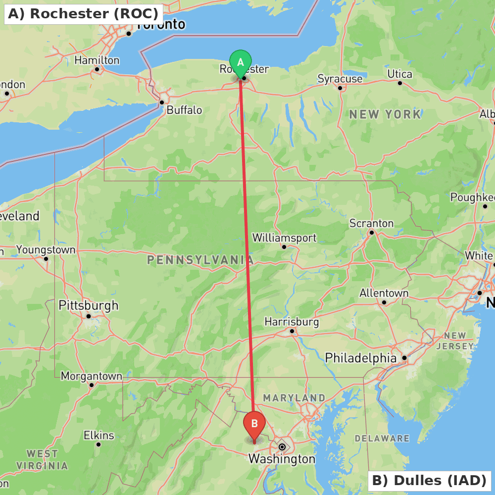 Flight route map from Rochester to Dulles