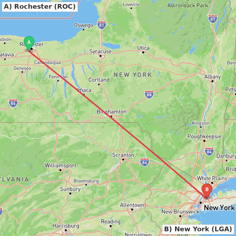 Flight route map from Rochester to New York