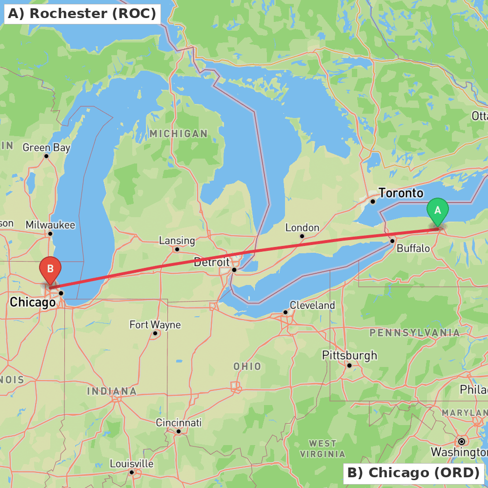 Flight route map from Rochester to Chicago