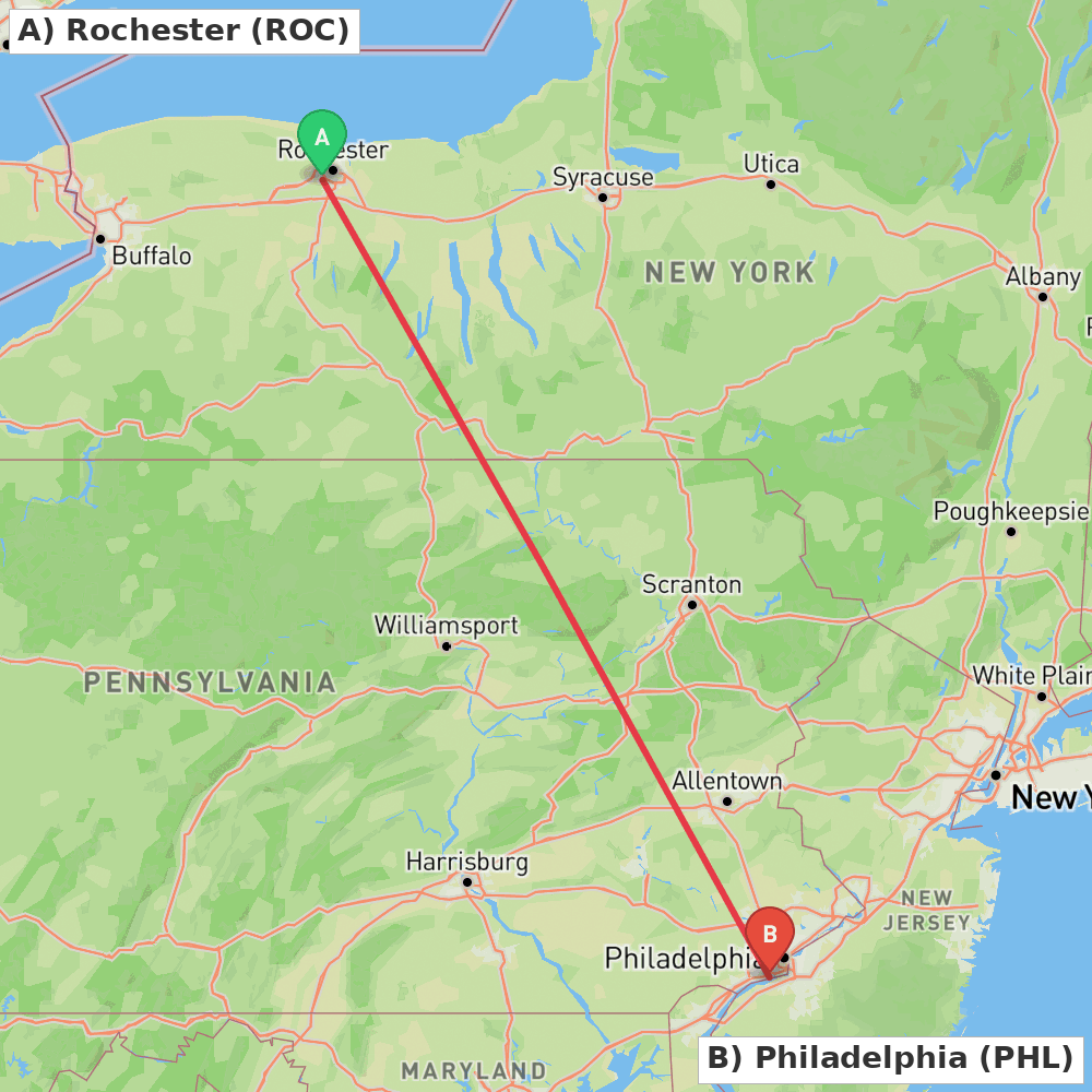 Flight route map from Rochester to Philadelphia