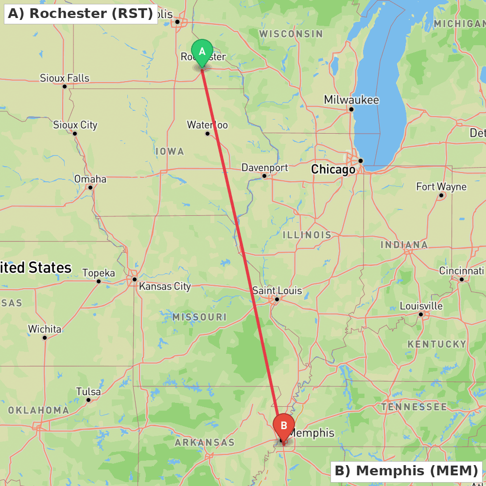 Flight route map from Rochester to Memphis