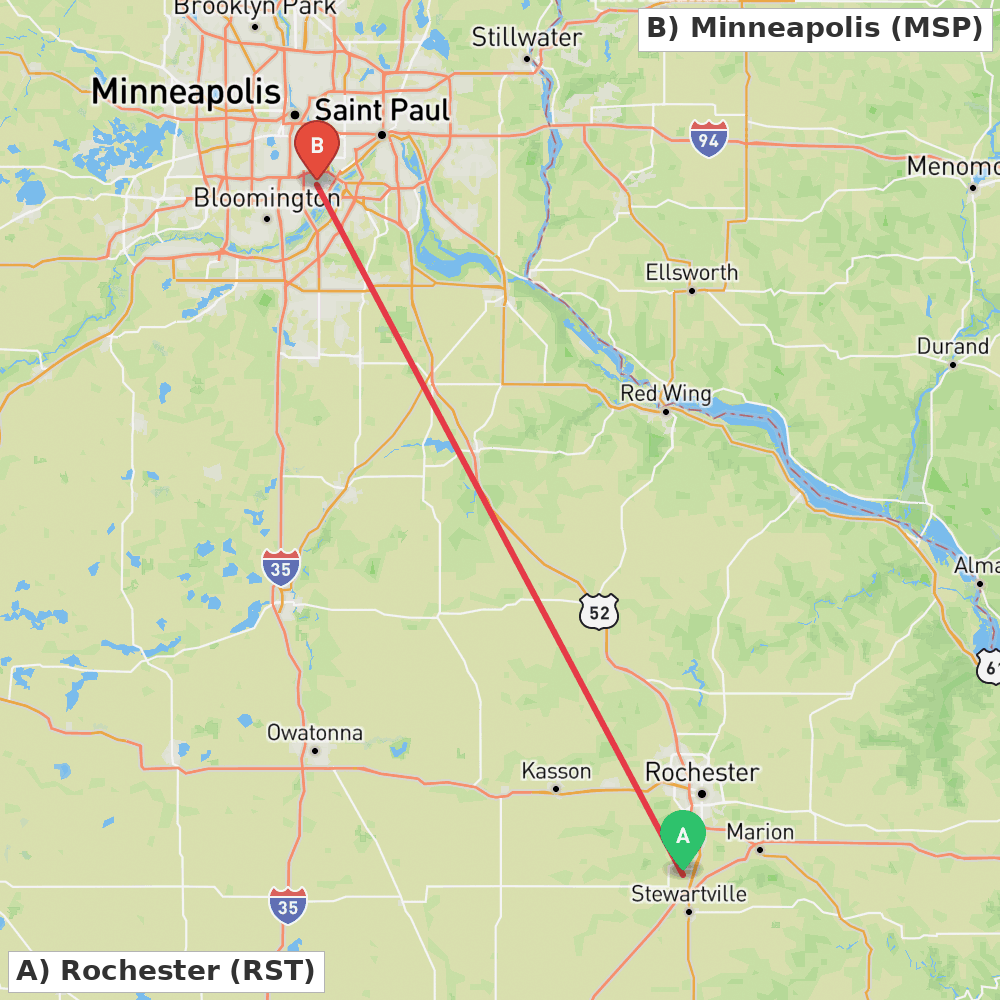 Flight route map from Rochester to Minneapolis