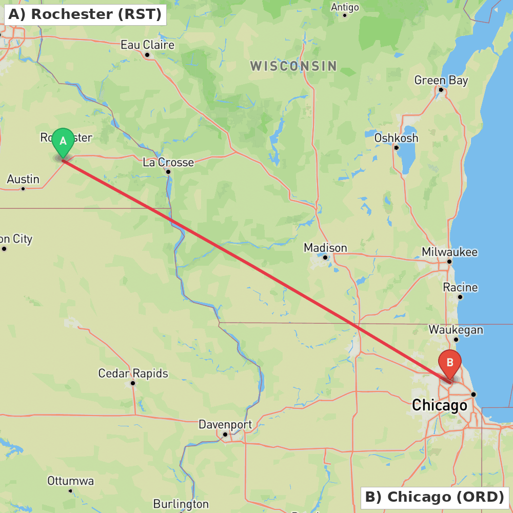 Flight route map from Rochester to Chicago