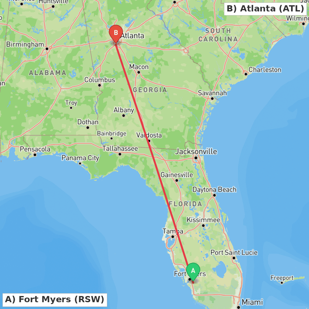Flight route map from Fort Myers to Atlanta