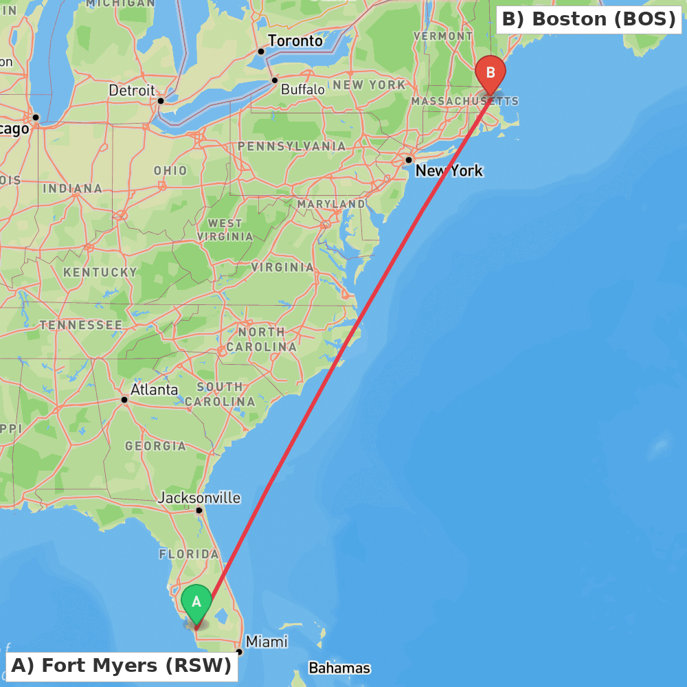 Flight route map from Fort Myers to Boston