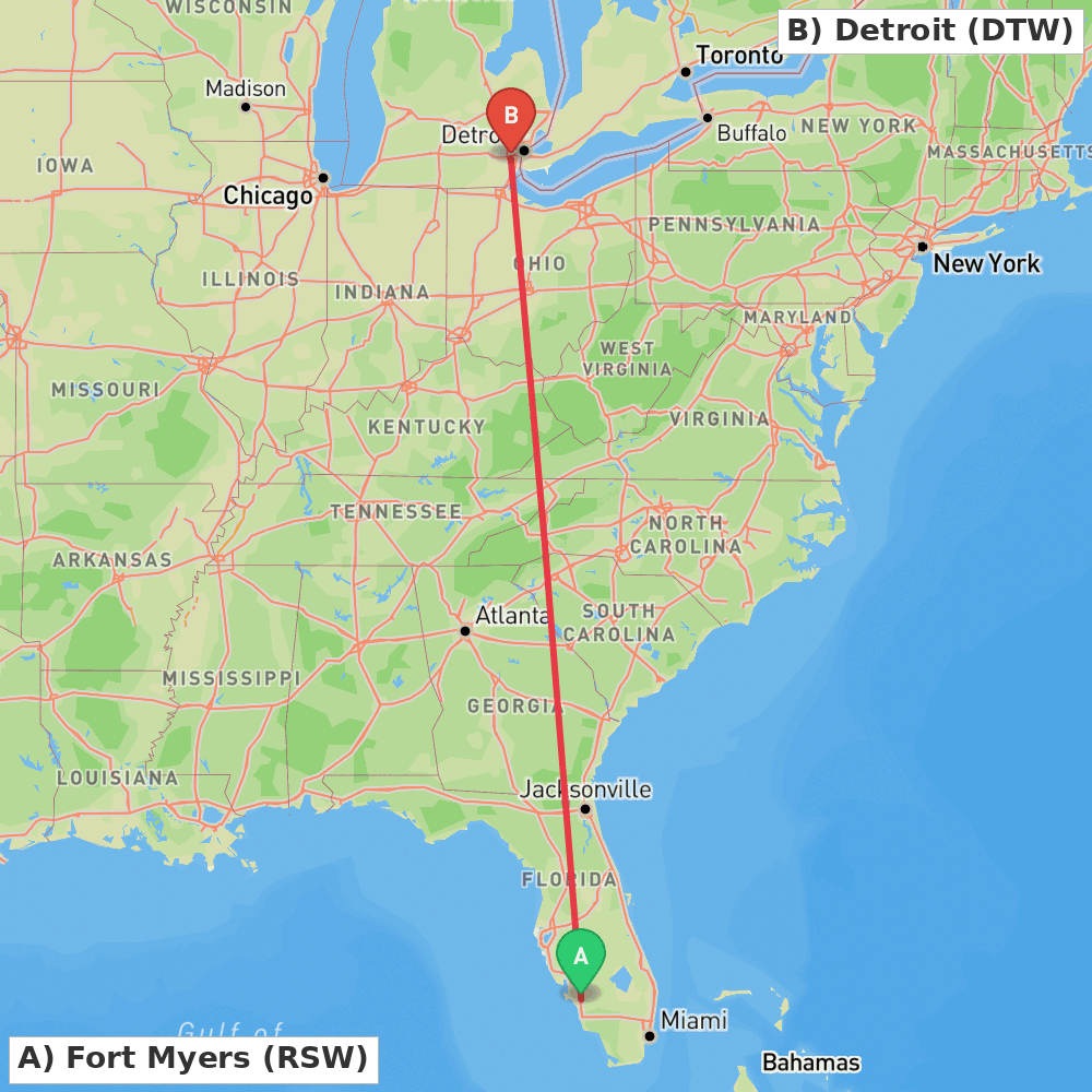 Flight route map from Fort Myers to Detroit