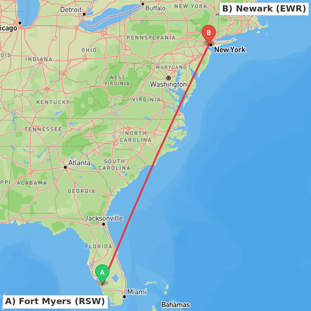 Flight route map from Fort Myers to Newark