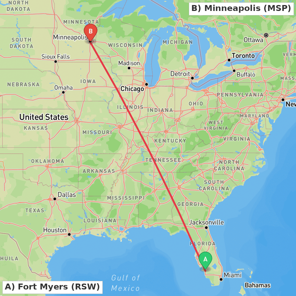 Flight route map from Fort Myers to Minneapolis