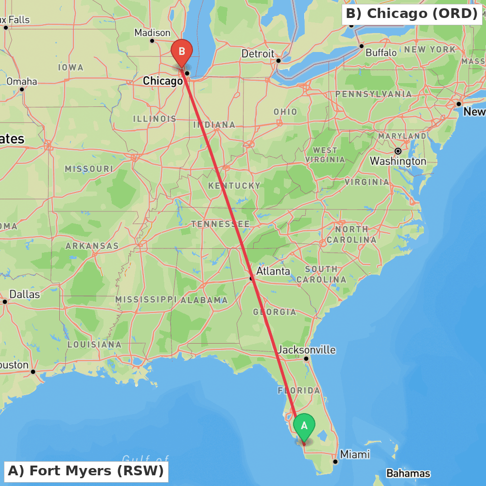 Flight route map from Fort Myers to Chicago