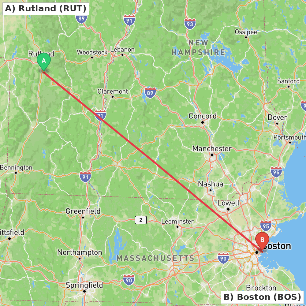 Flight route map from Rutland to Boston