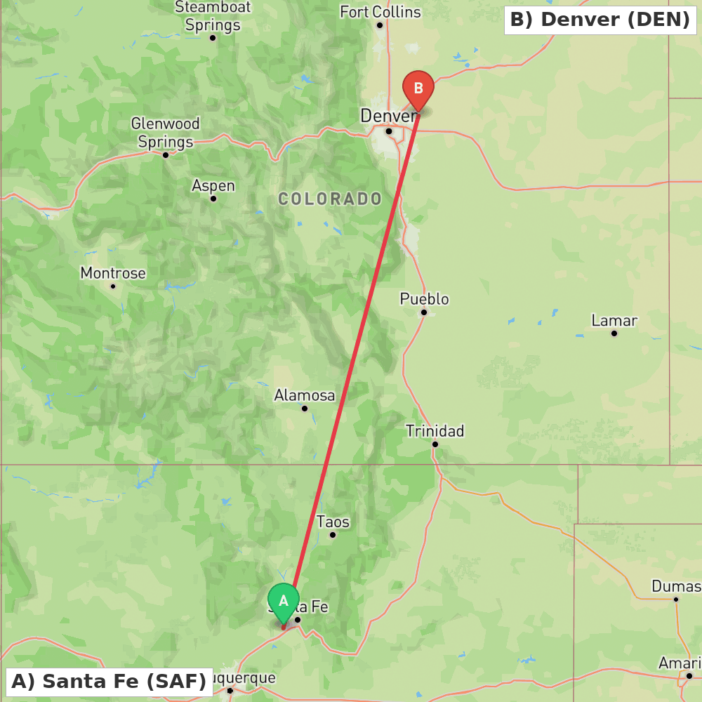 Flight route map from Santa Fe to Denver