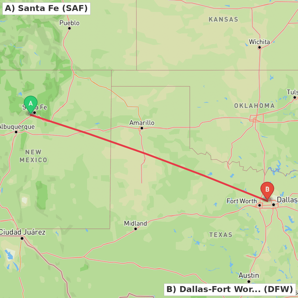 Flight route map from Santa Fe to Dallas-Fort Worth