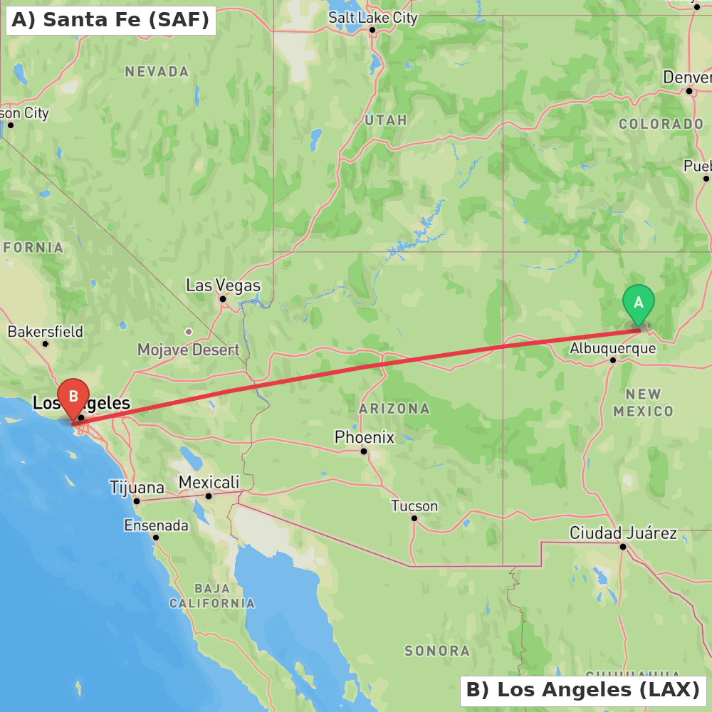 Flight route map from Santa Fe to Los Angeles