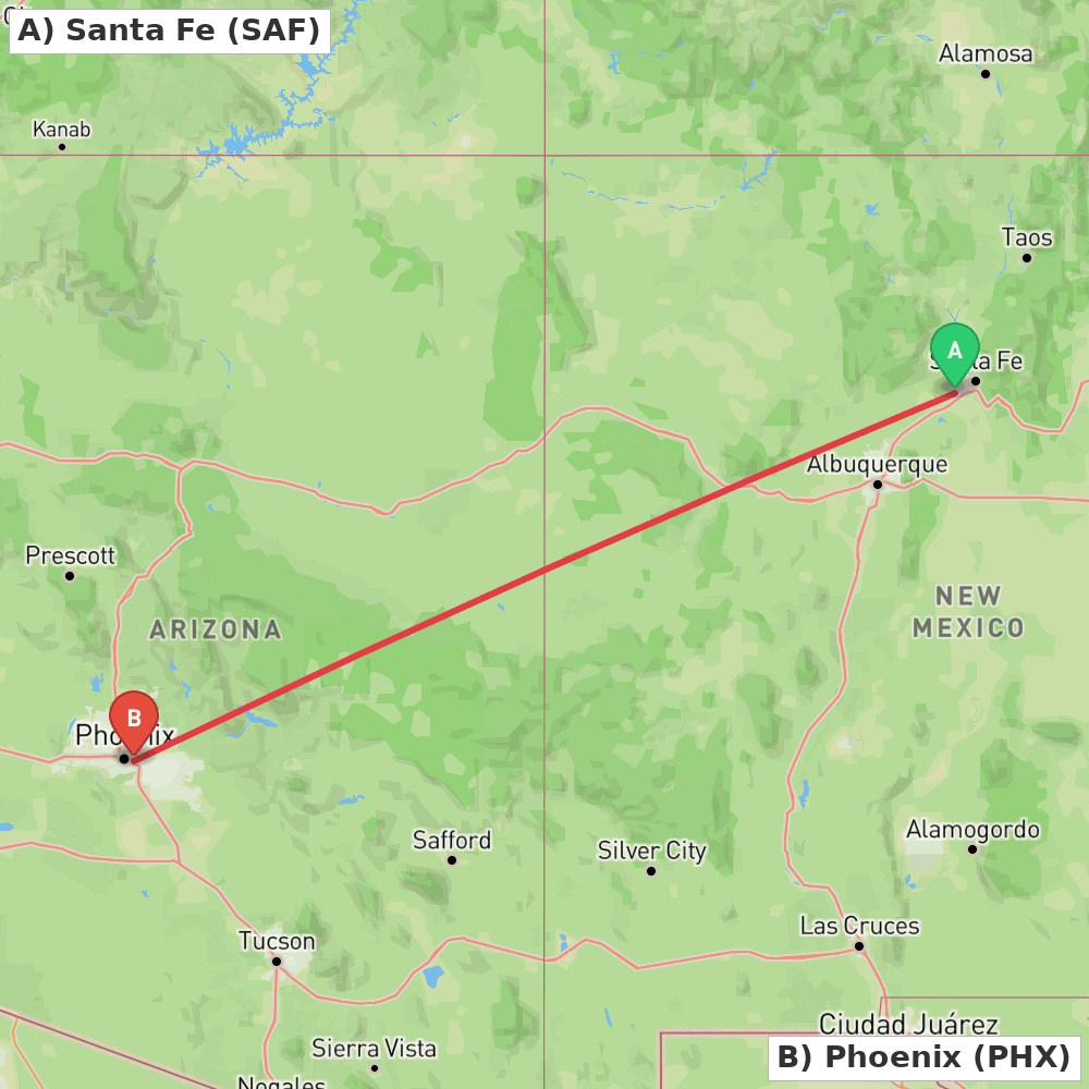 Flight route map from Santa Fe to Phoenix