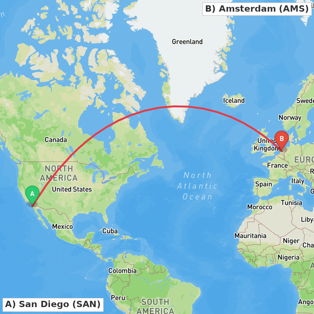 Flight route map from San Diego to Amsterdam