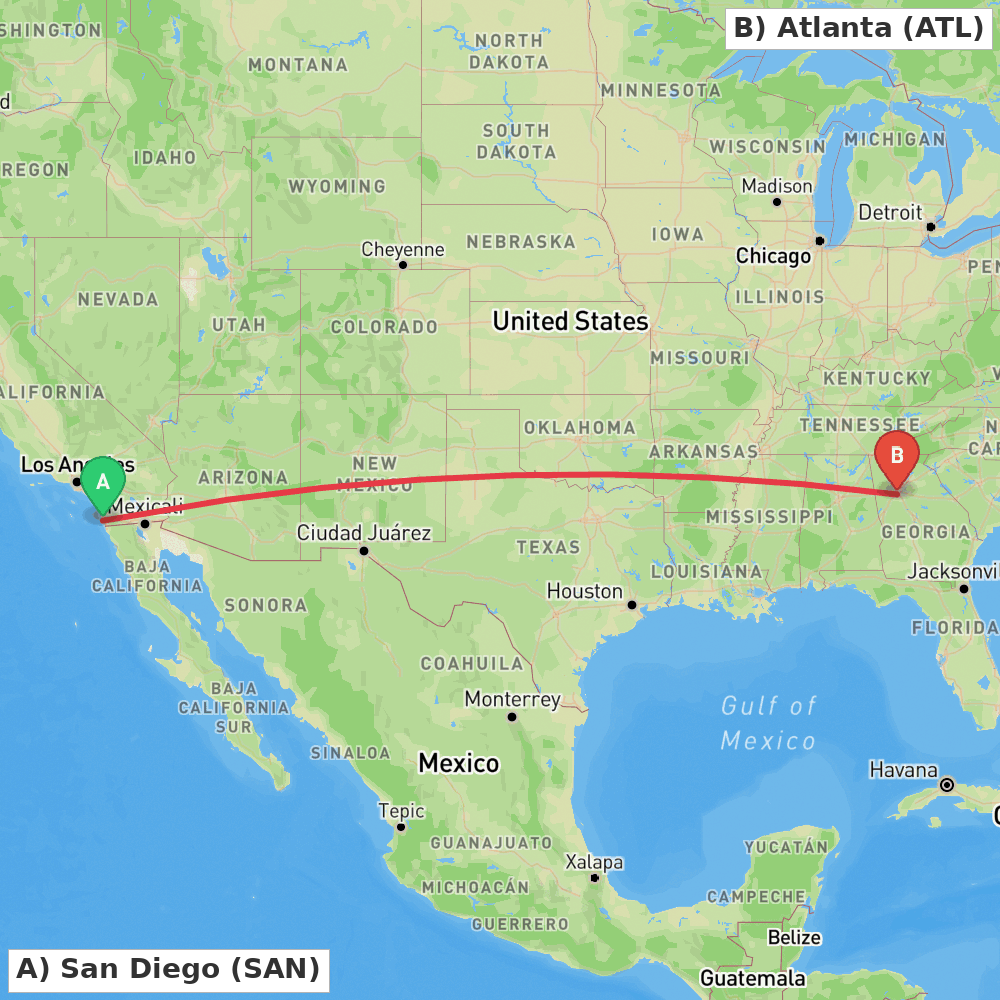 Flight route map from San Diego to Atlanta