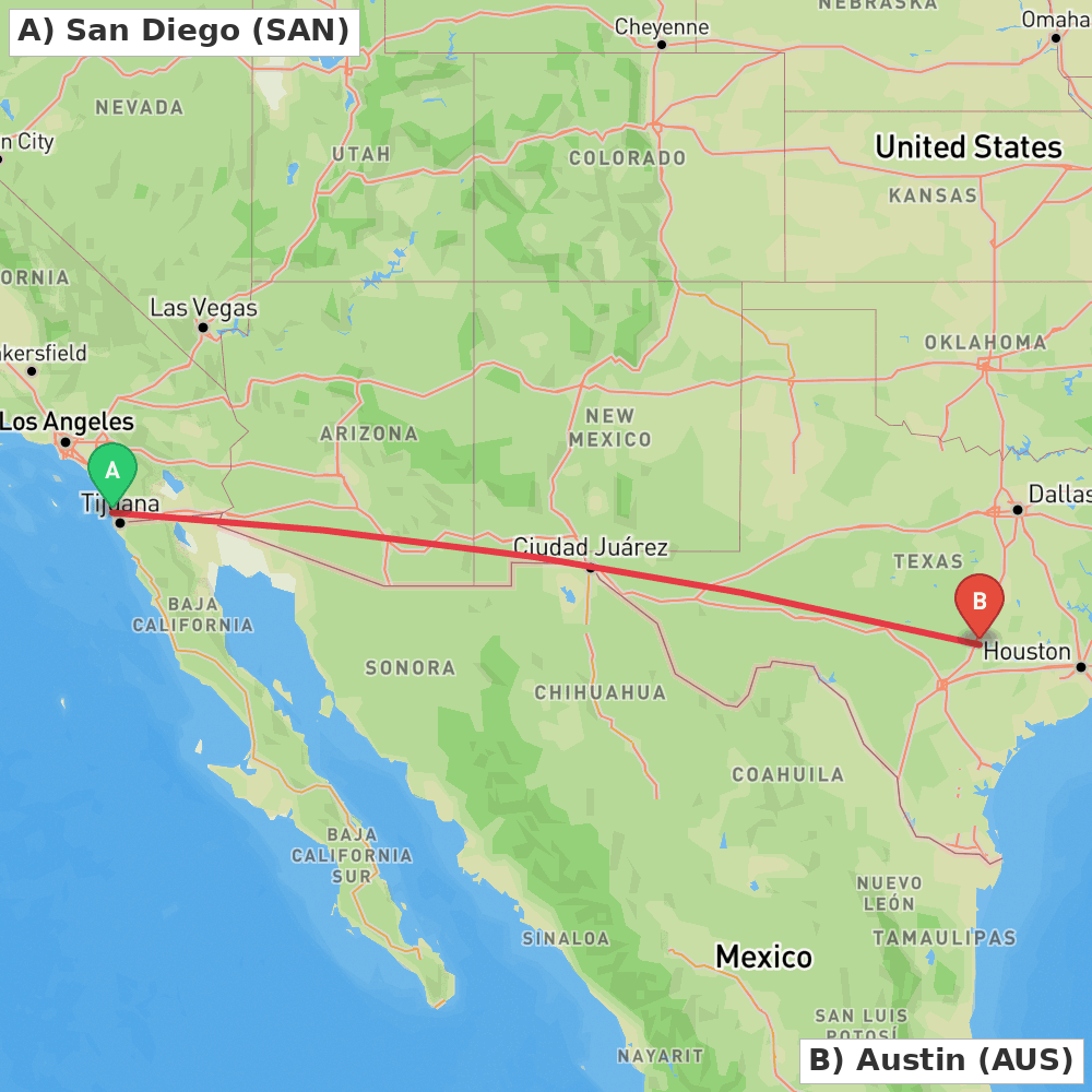 Flight route map from San Diego to Austin