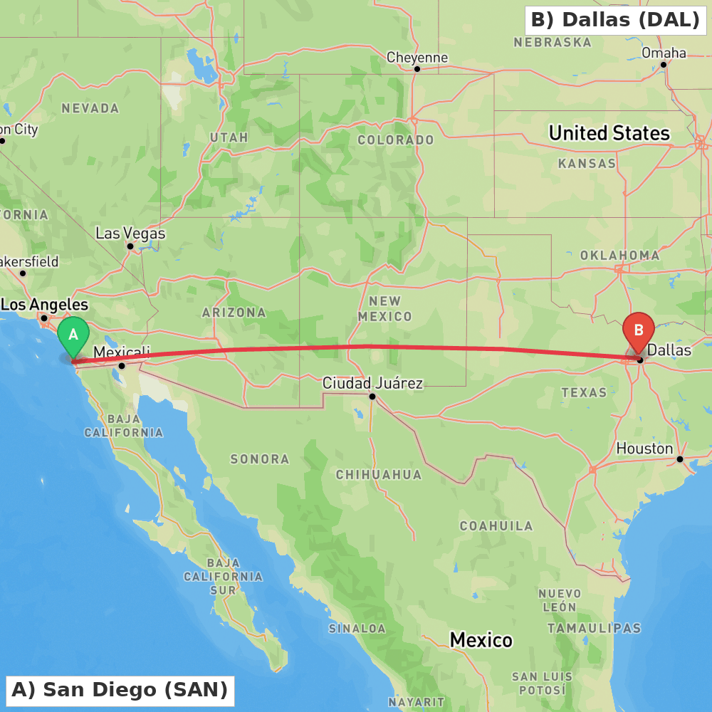 Flight route map from San Diego to Dallas