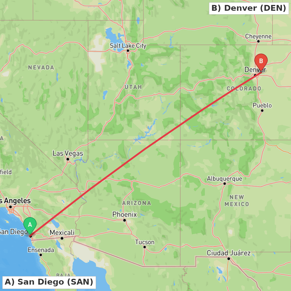 Flight route map from San Diego to Denver