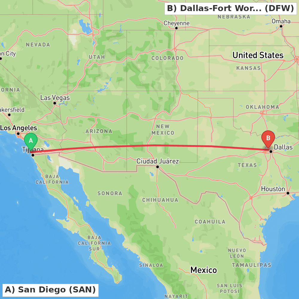 Flight route map from San Diego to Dallas-Fort Worth