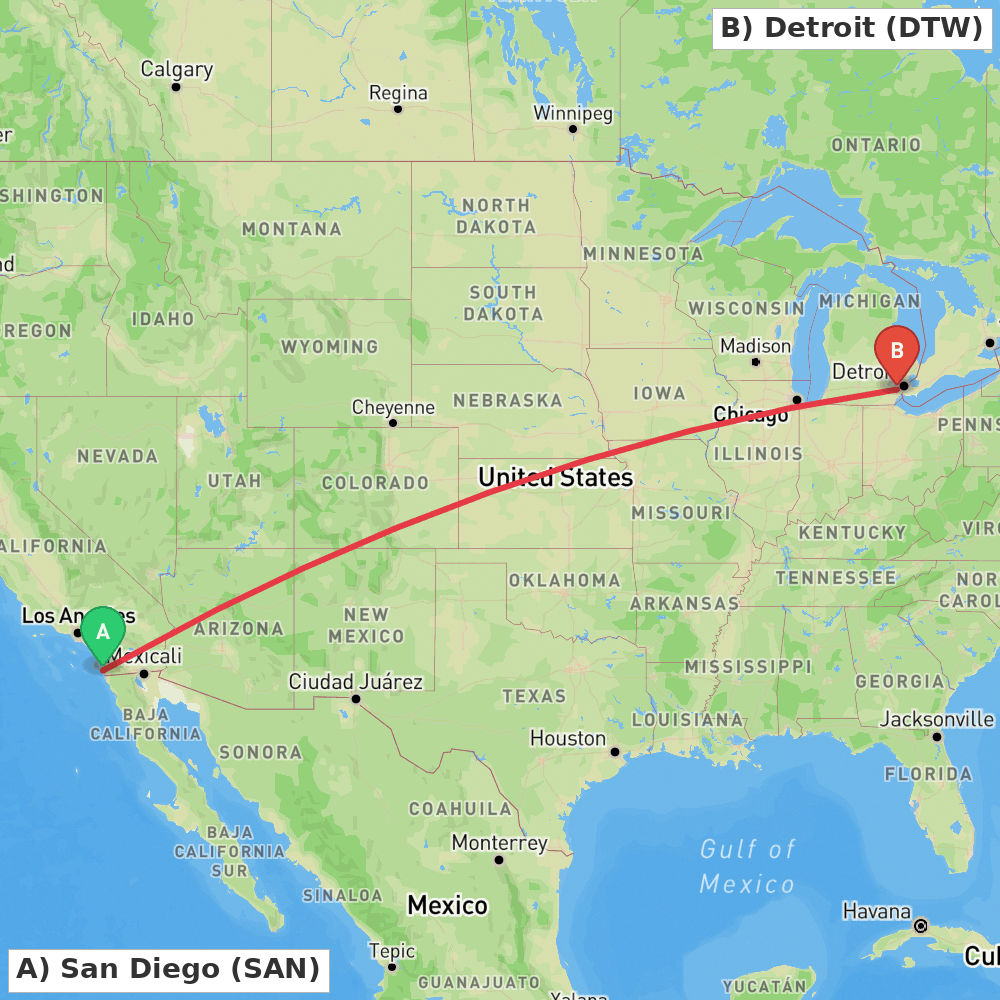 Flight route map from San Diego to Detroit