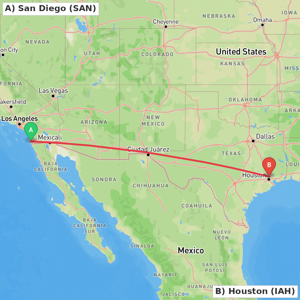 Flight route map from San Diego to Houston