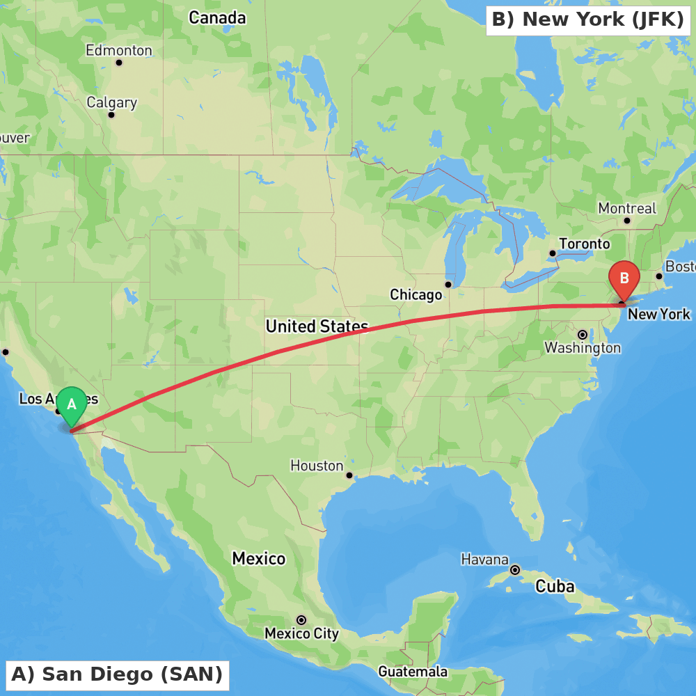 Flight route map from San Diego to New York