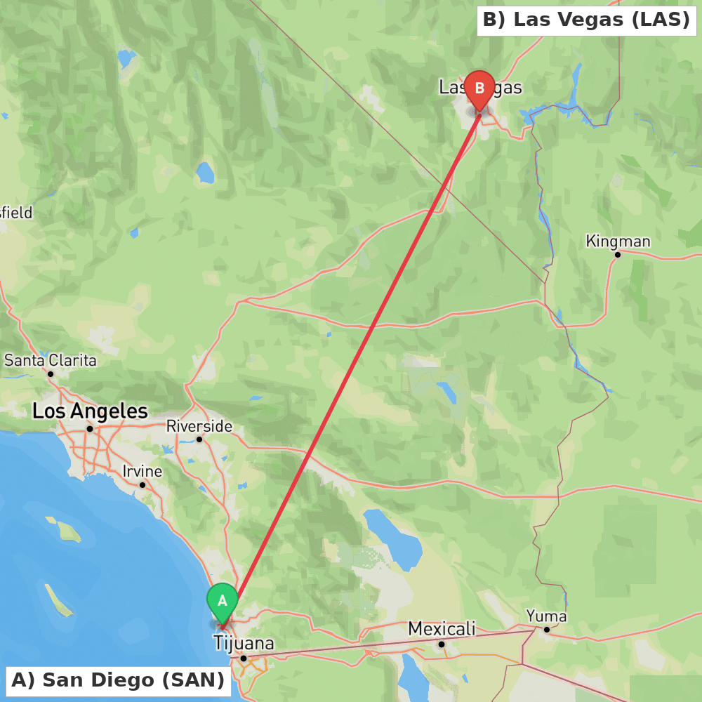 Flight route map from San Diego to Las Vegas
