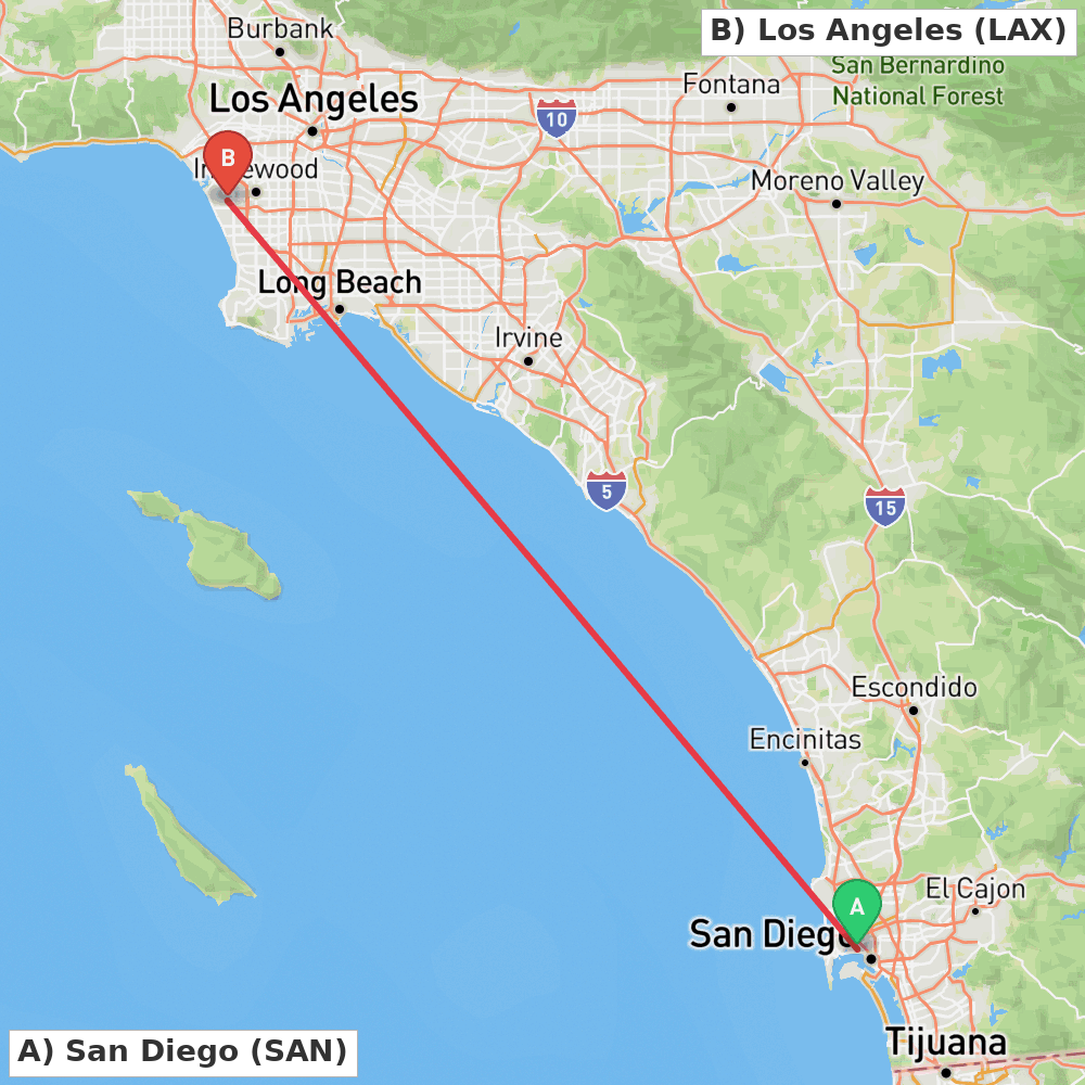 Flight route map from San Diego to Los Angeles