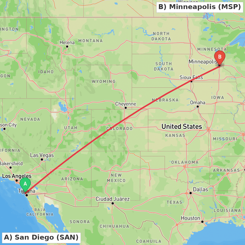 Flight route map from San Diego to Minneapolis
