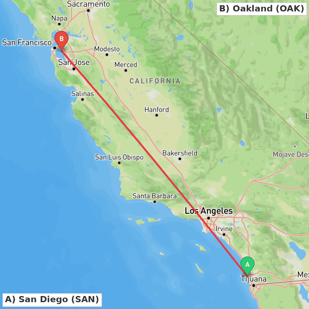 Flight route map from San Diego to Oakland